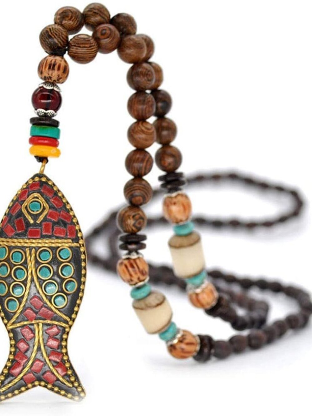 Vintage Long Necklace Handmade Turquoise Wood Beads Necklace for Women Fashion J